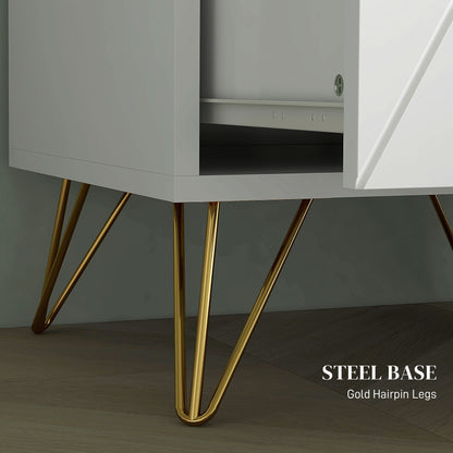 Modern Bedside Table with Gold Hairpin Legs and 2 Drawers, White