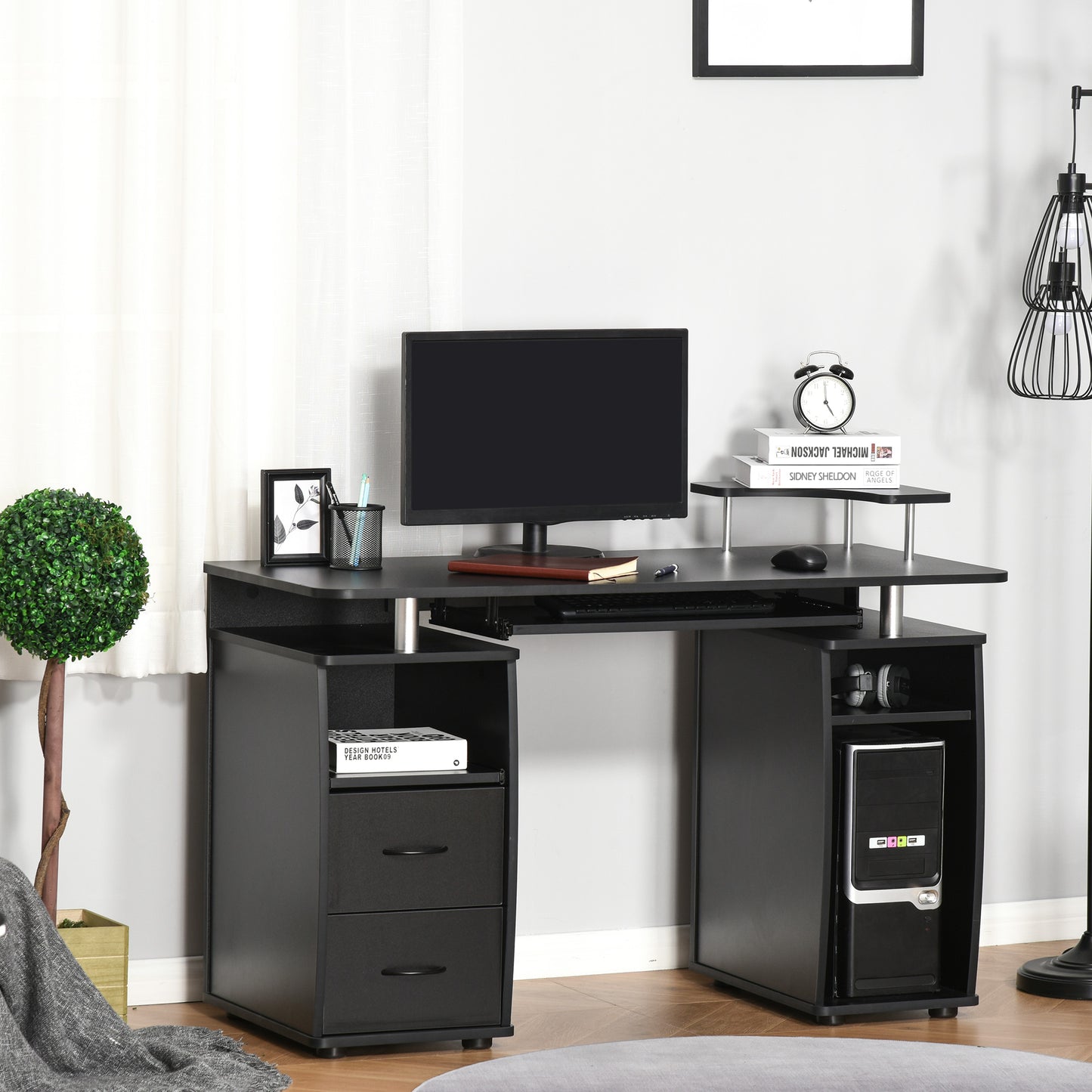 Computer Desk with Keyboard Tray and Storage Drawers, Home Office Workstation, Black
