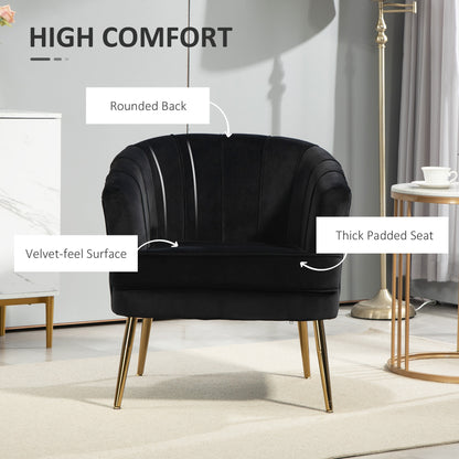 Channel-Tufted Tub Armchair with Velvet Upholstery and Gold Legs, Black