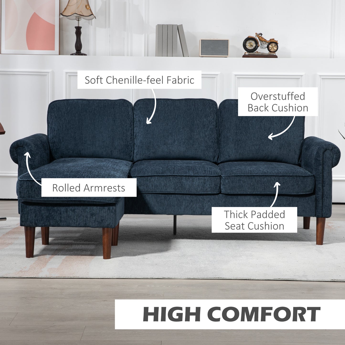 L-Shaped Sectional Sofa with Reversible Chaise Lounge, Dark Blue
