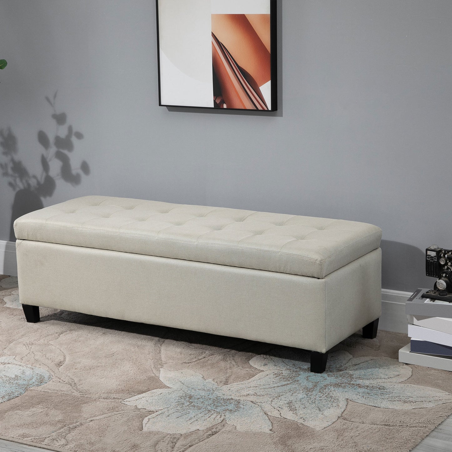 Rectangular Tufted Storage Bench with Wood Feet, Beige