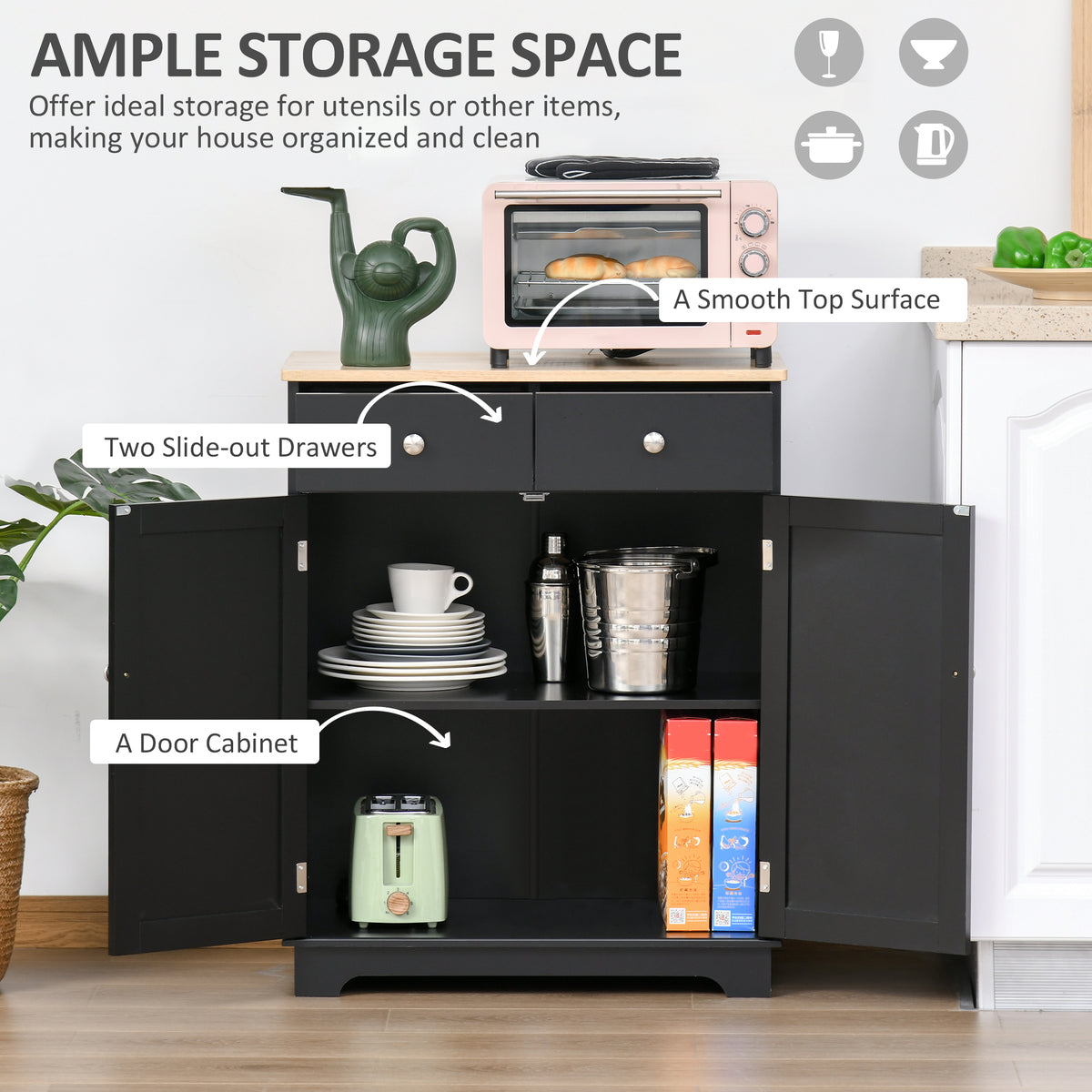 27" Sideboard Buffet Cabinet with Rubberwood Top, Black