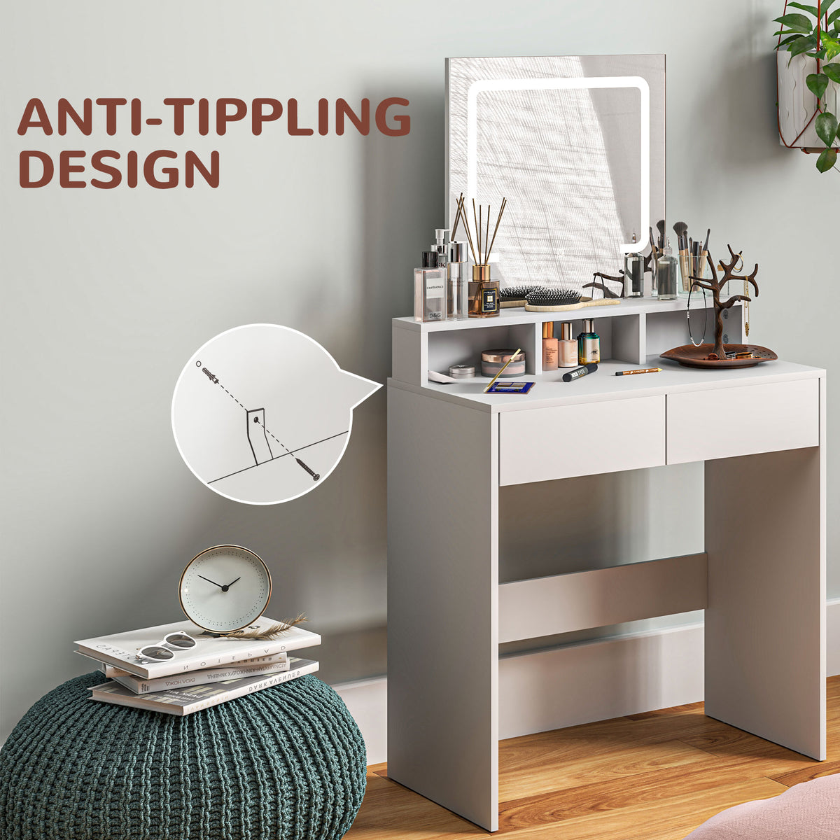 Makeup Vanity Desk with LED Mirror and Storage, White
