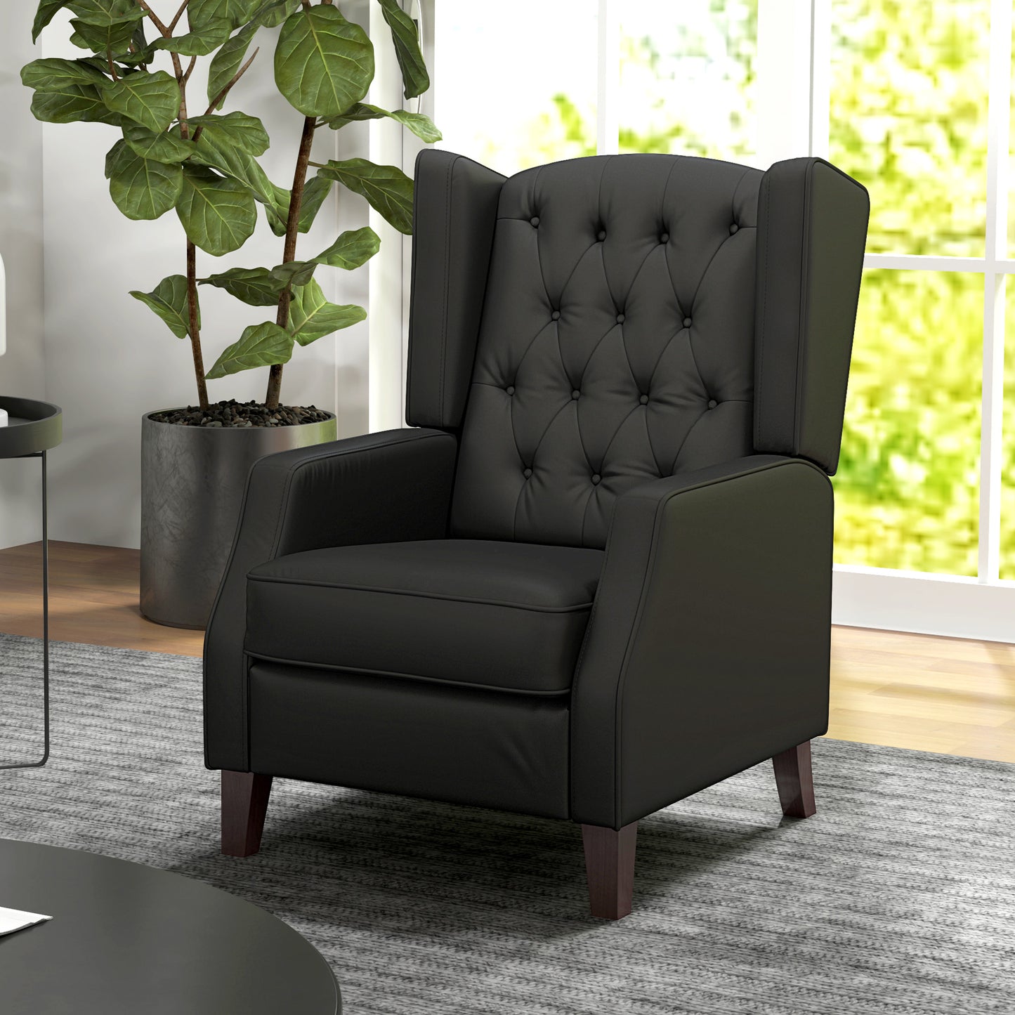 Button-Tufted Wingback Armchair with Faux Leather Upholstery, Black