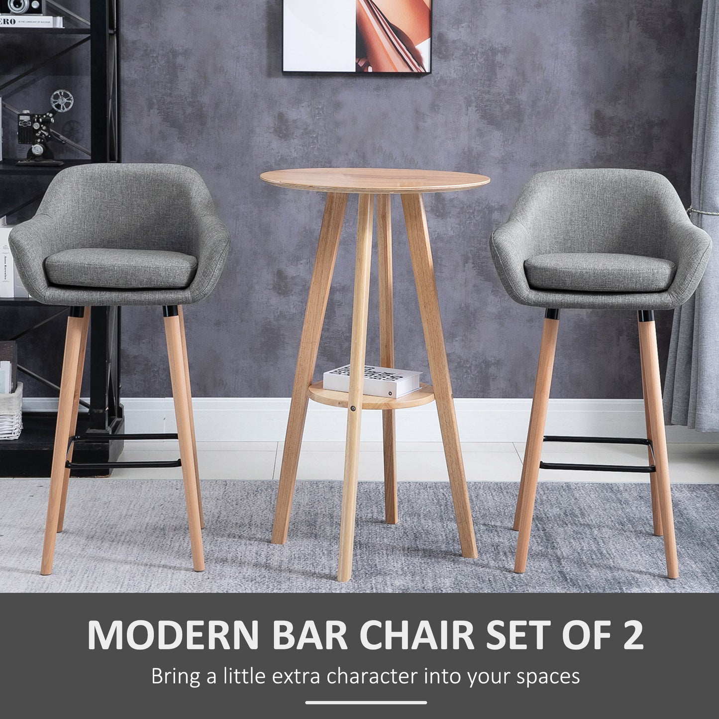 Bar Stools with Linen Fabric and Beech Wood Legs, Gray (Set of 2)