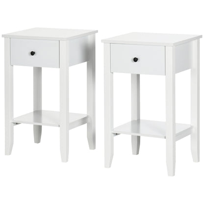 2-Tier Side Tables with Drawer and Shelf, White (Set of 2)