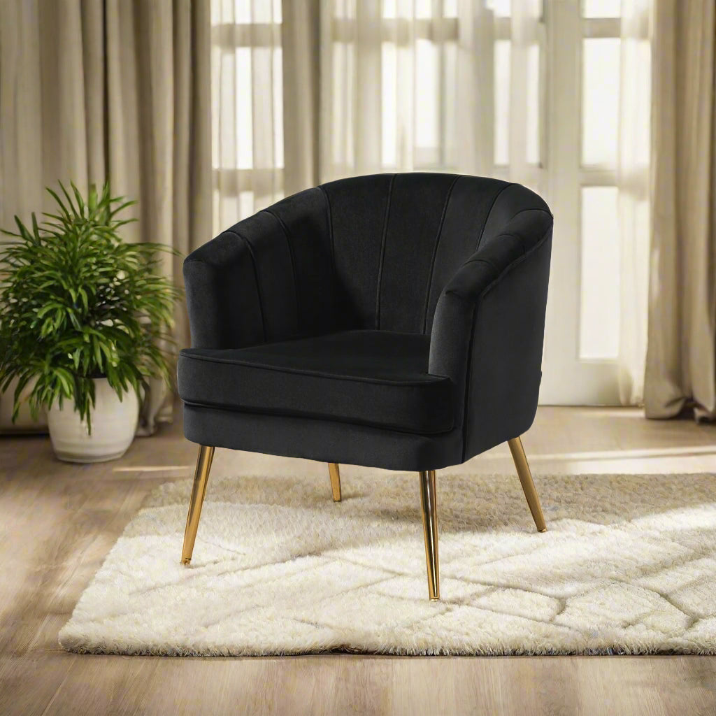Channel-Tufted Tub Armchair with Velvet Upholstery and Gold Legs, Black