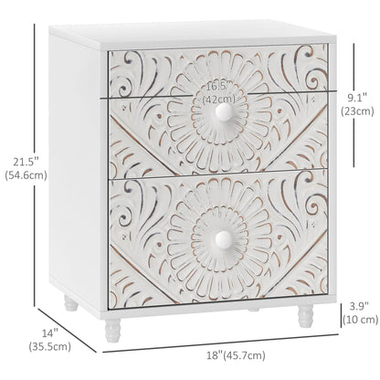 Mid-Century Nightstand with Unique Carved Details and 2 Drawers, White