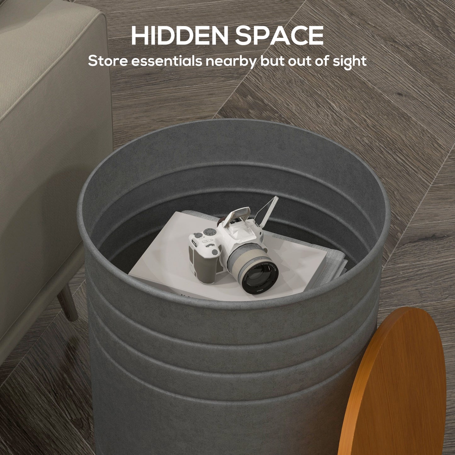 Round Nesting Side Tables with Hidden Storage and Wooden Lids, Gray (Set of 2)