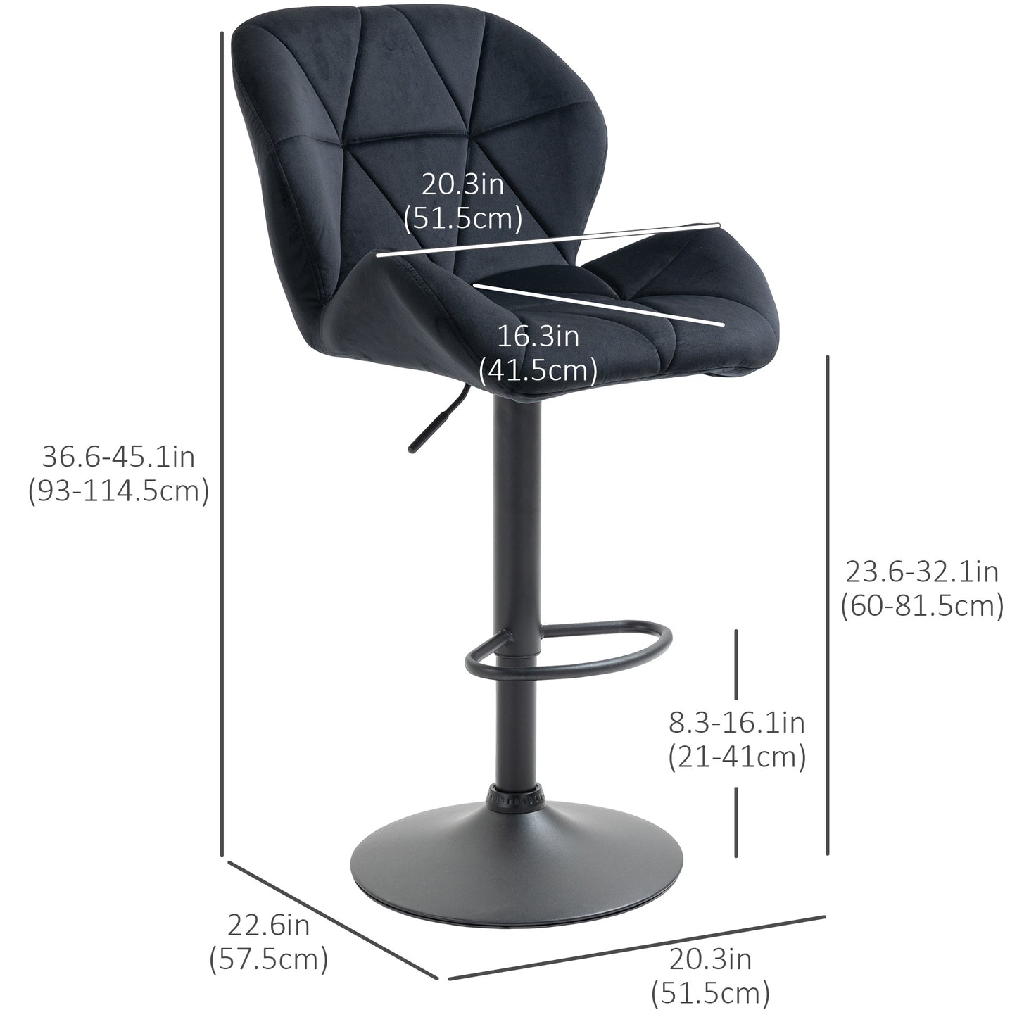 Velvet-Touch Adjustable Height Bar Stools with Diamond Tufting, Black (Set of 2)