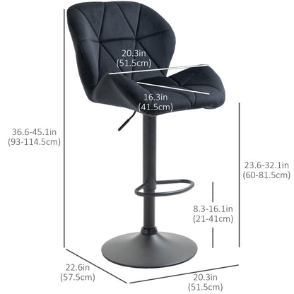 Velvet-Touch Adjustable Height Bar Stools with Diamond Tufting, Black (Set of 2)