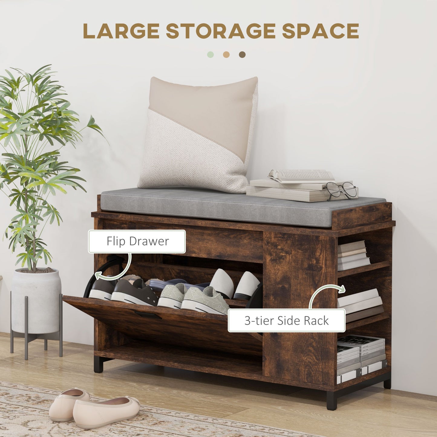 Upholstered Shoe Storage Bench with Flip Drawer and Side Rack for 6 Pairs, Rustic Brown