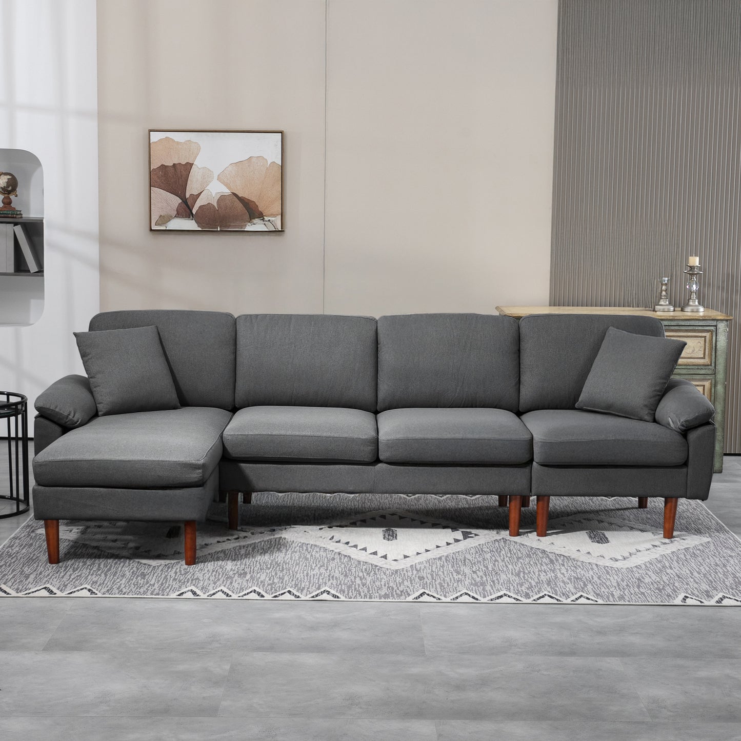 L-Shaped Sectional Sofa with Reversible Chaise and Pillows, Dark Grey