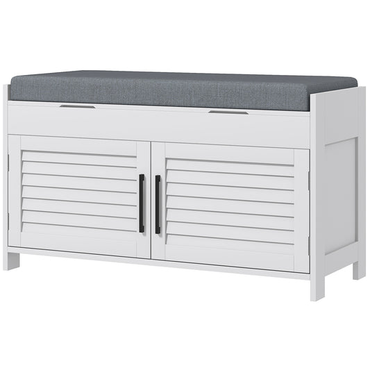 Shoe Storage Bench with Hidden Storage and Shutter Doors, White