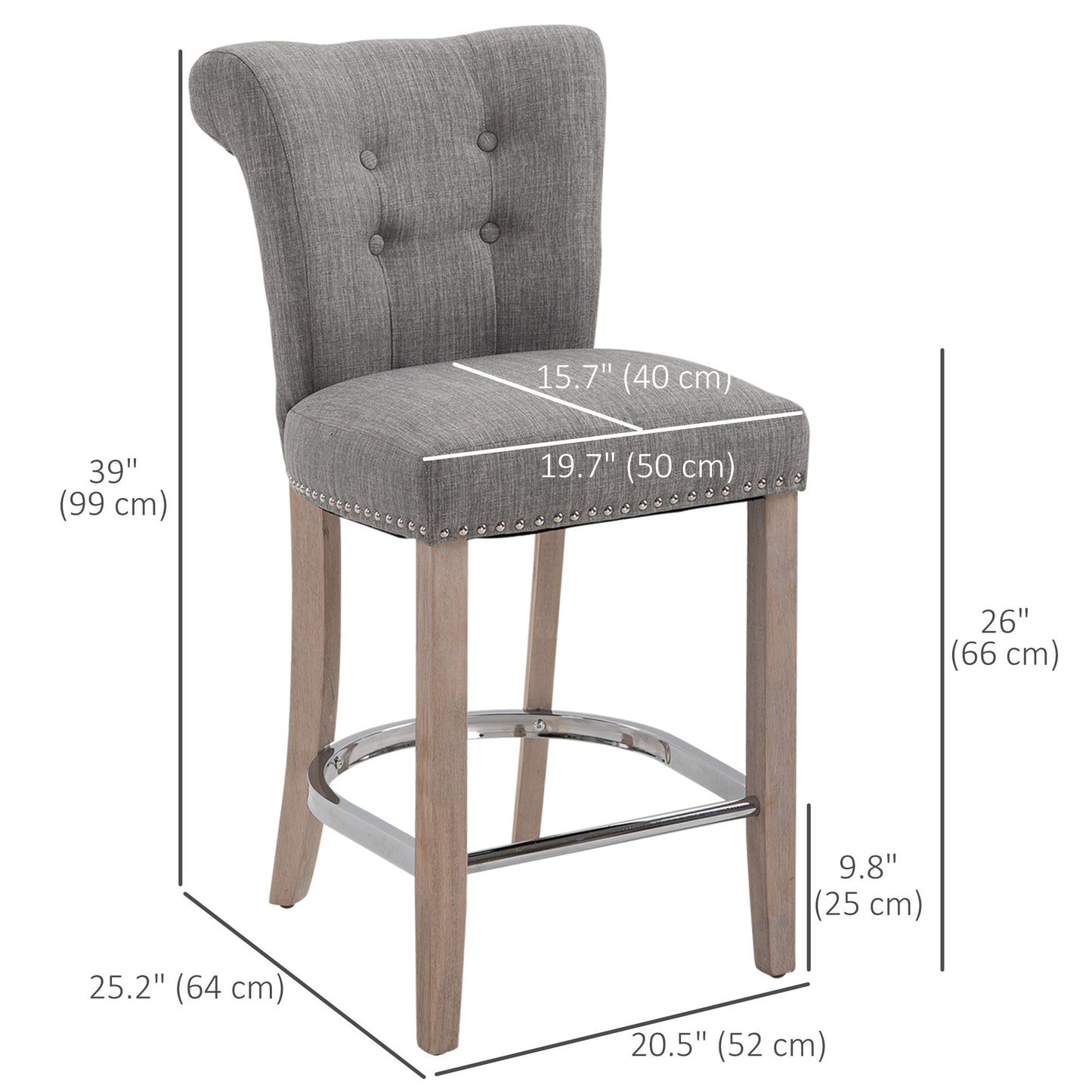 Upholstered Counter Stools with Button Tufted Back and Wood Legs, Gray (Set of 2)