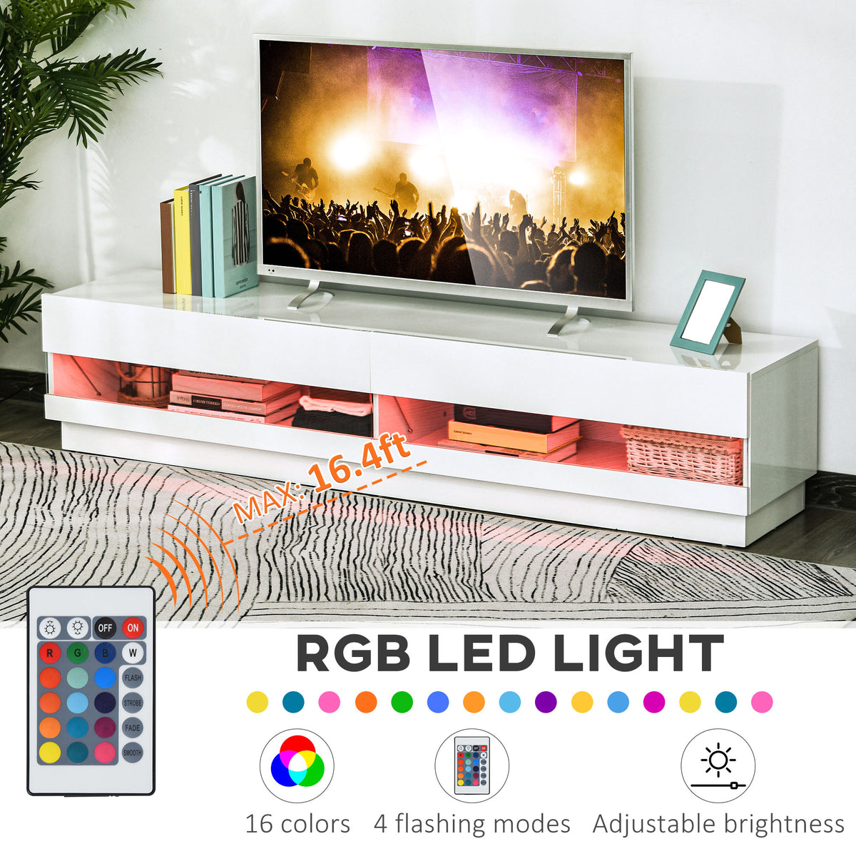 71" Lighted TV Stand with Storage for 75" TVs, High Gloss White