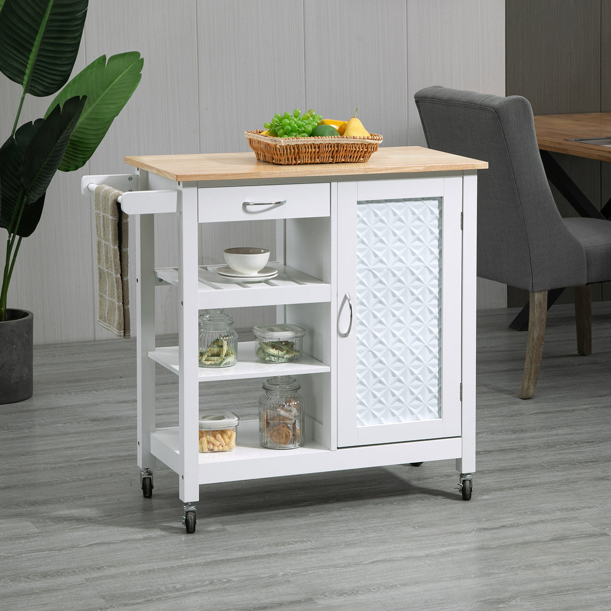 Rolling Kitchen Utility Cart with Drawer and Embossed Door Panel, White