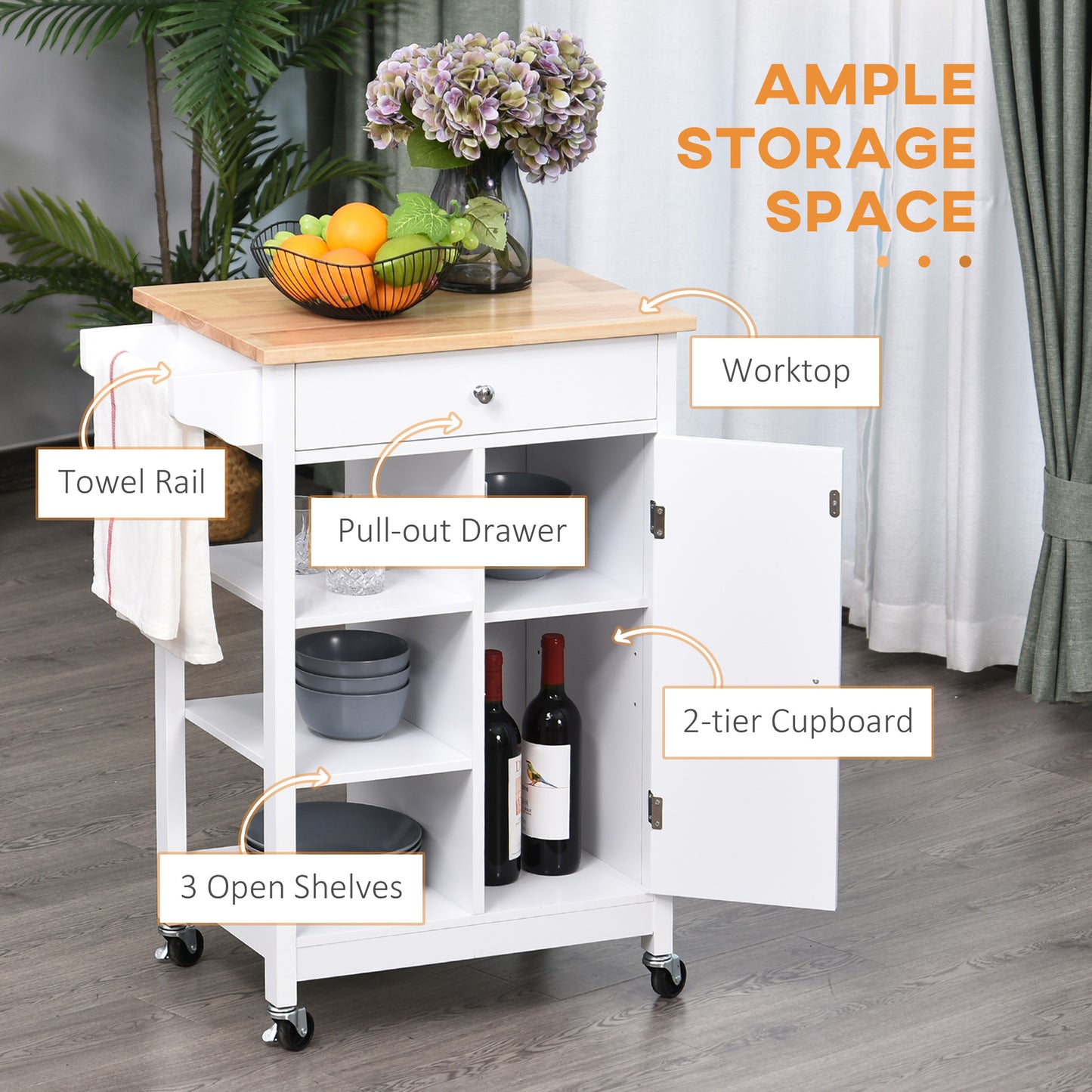 Modern Rolling Kitchen Island Cart with Natural Wood Top