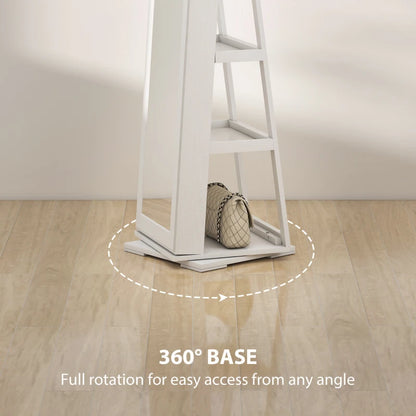 360° Swivel Jewelry Armoire with Lockable Mirror Cabinet, White