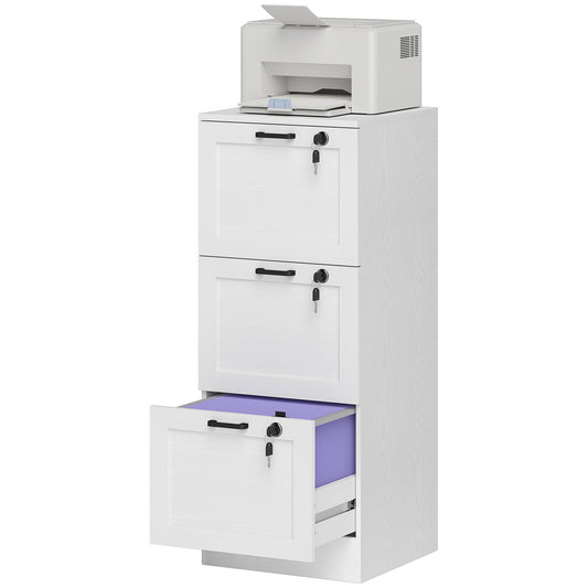 Vertical Filing Cabinet with 3 Drawers, Lock, File Cabinet for Home Office, A4 and Letter Size Files, White