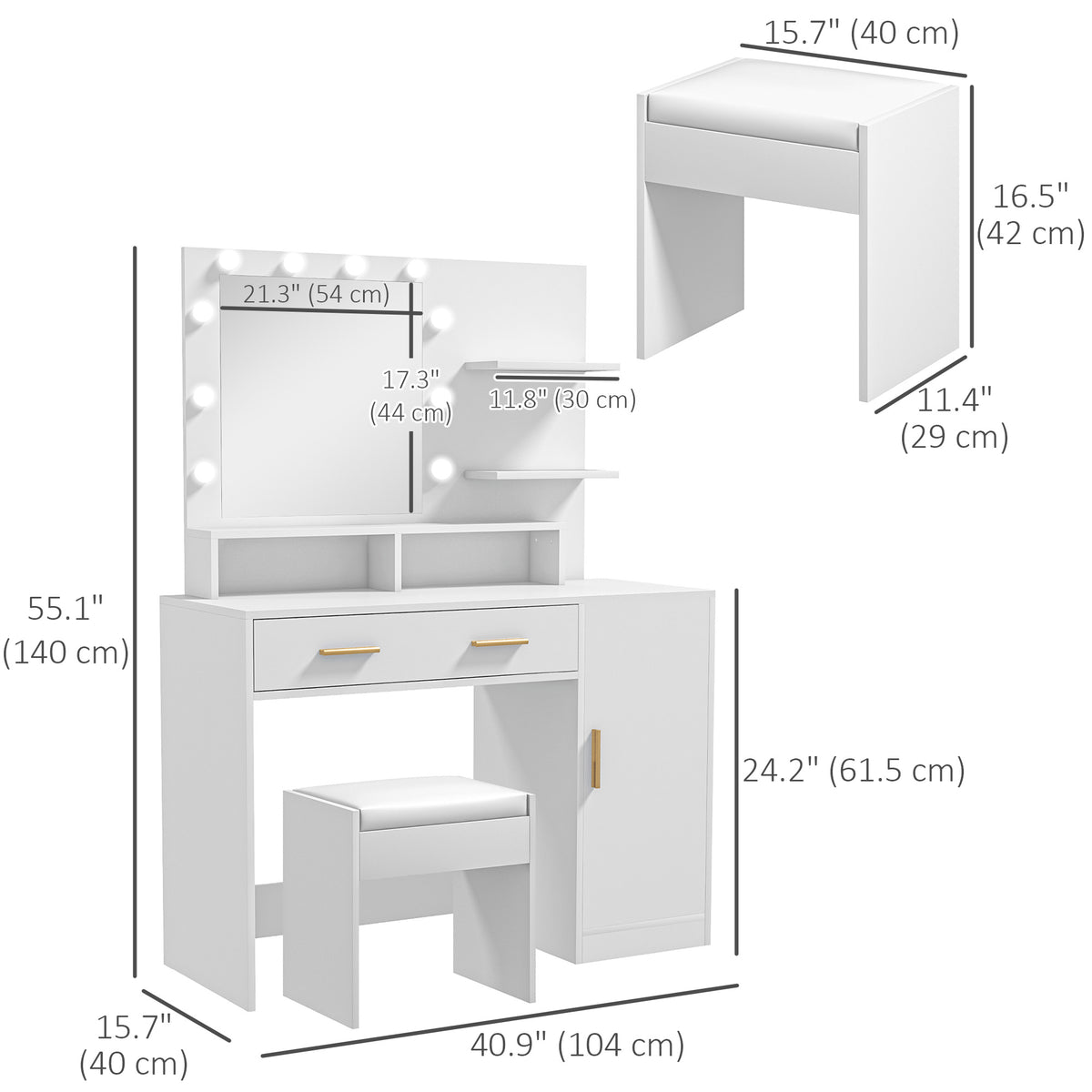 LED Vanity Table Set with Stool and Storage, White