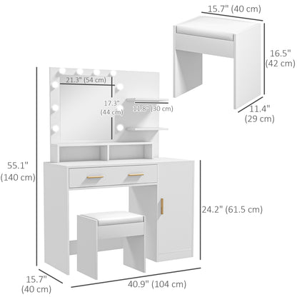 LED Vanity Table Set with Stool and Storage, White