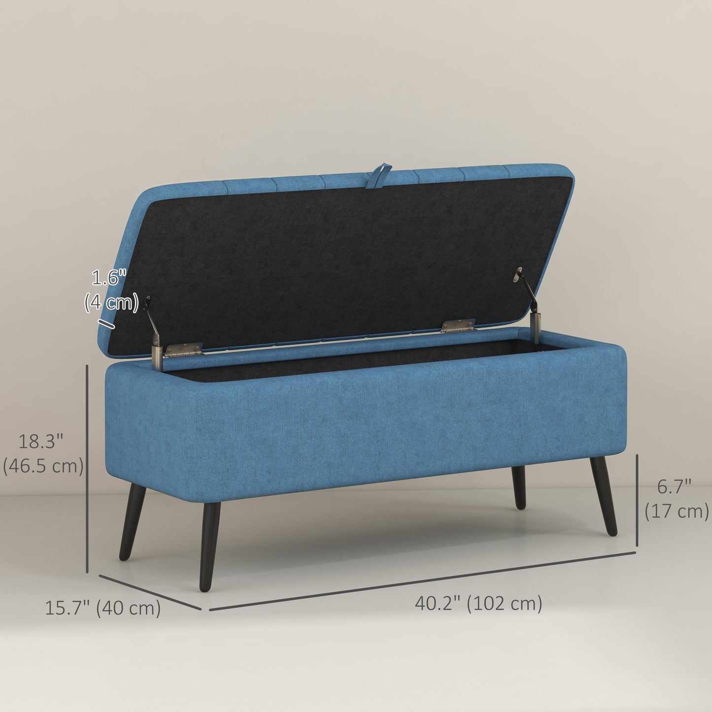 40" Linen Storage Ottoman Bench with Steel Legs, Dark Blue
