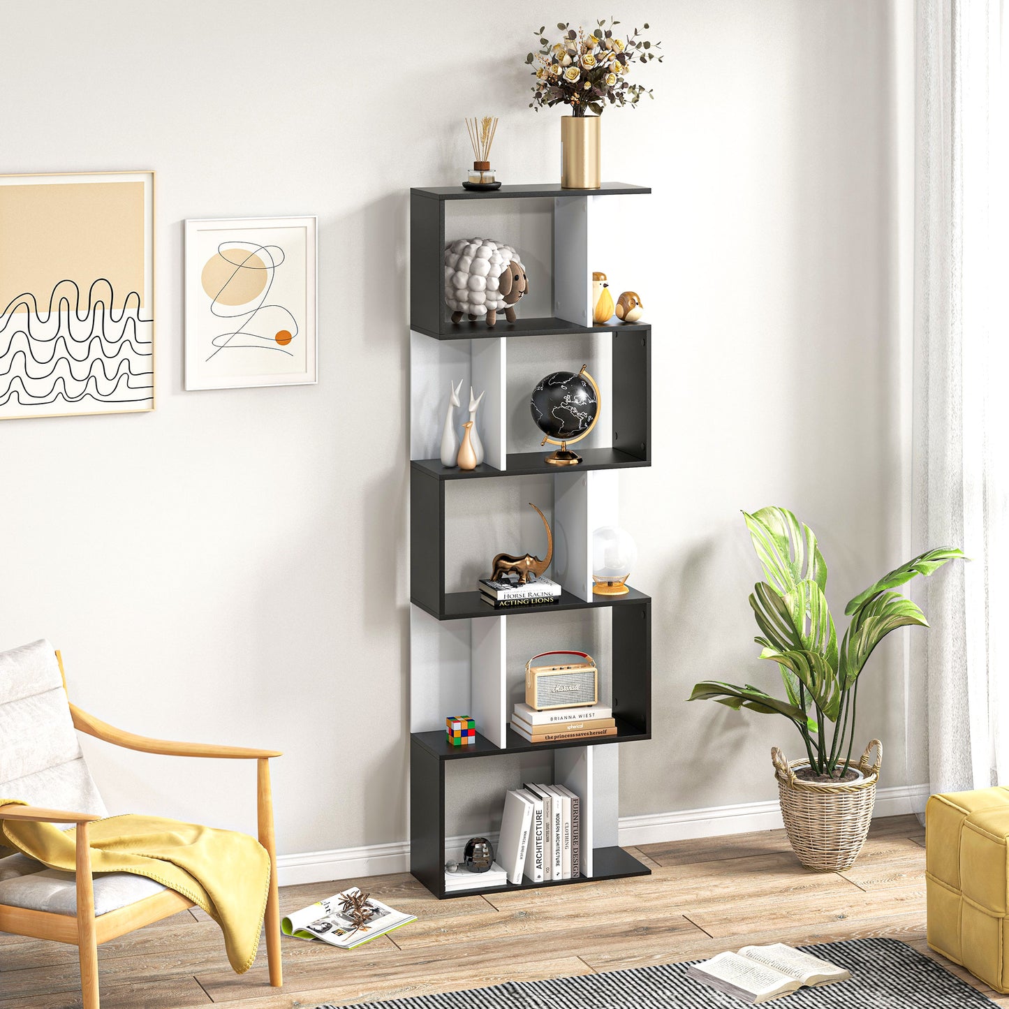 Modern 5-Tier S-Shaped Display Bookcase, Black