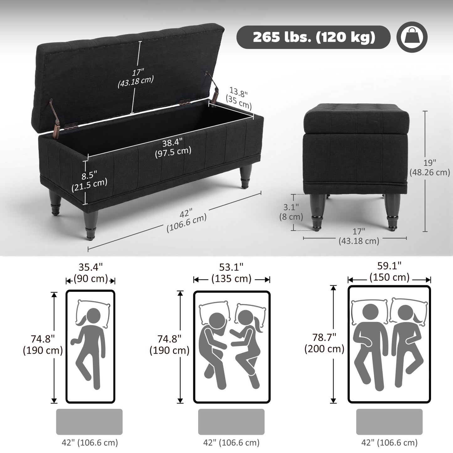 Upholstered End-of-Bed Bench with Wood Legs, Black