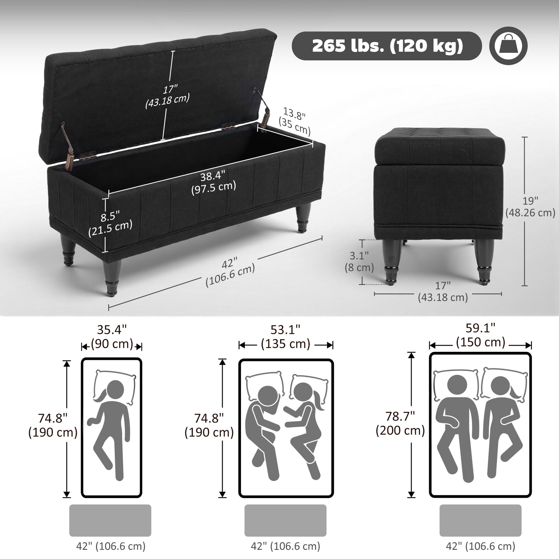 Upholstered End-of-Bed Bench with Wood Legs, Black