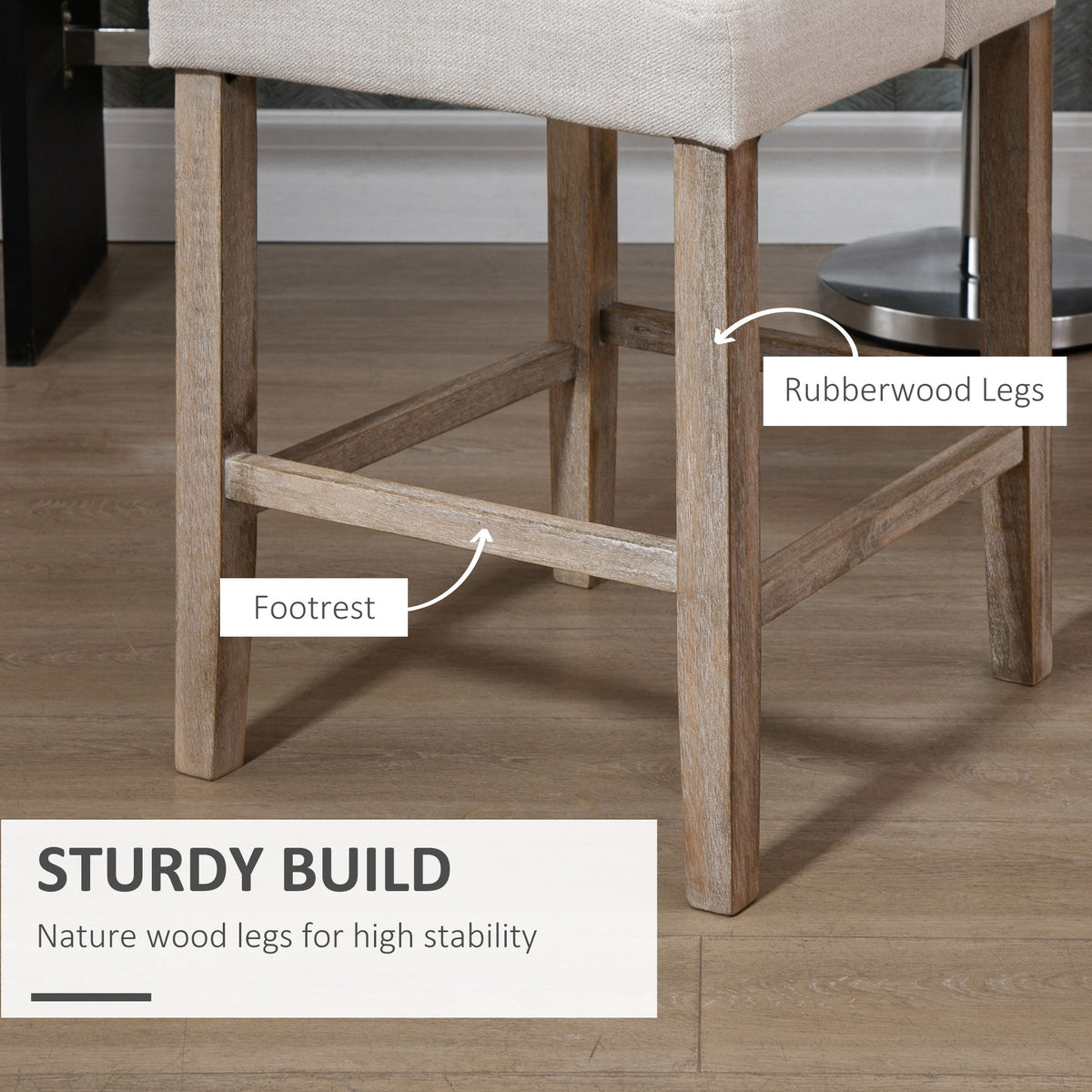 Bar Stools with Upholstered Seat, Beige (Set of 2)