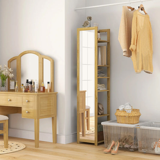 Standing Full Length Mirror with 6-Tier Storage Shelf, 66" x 14", Natural Wood