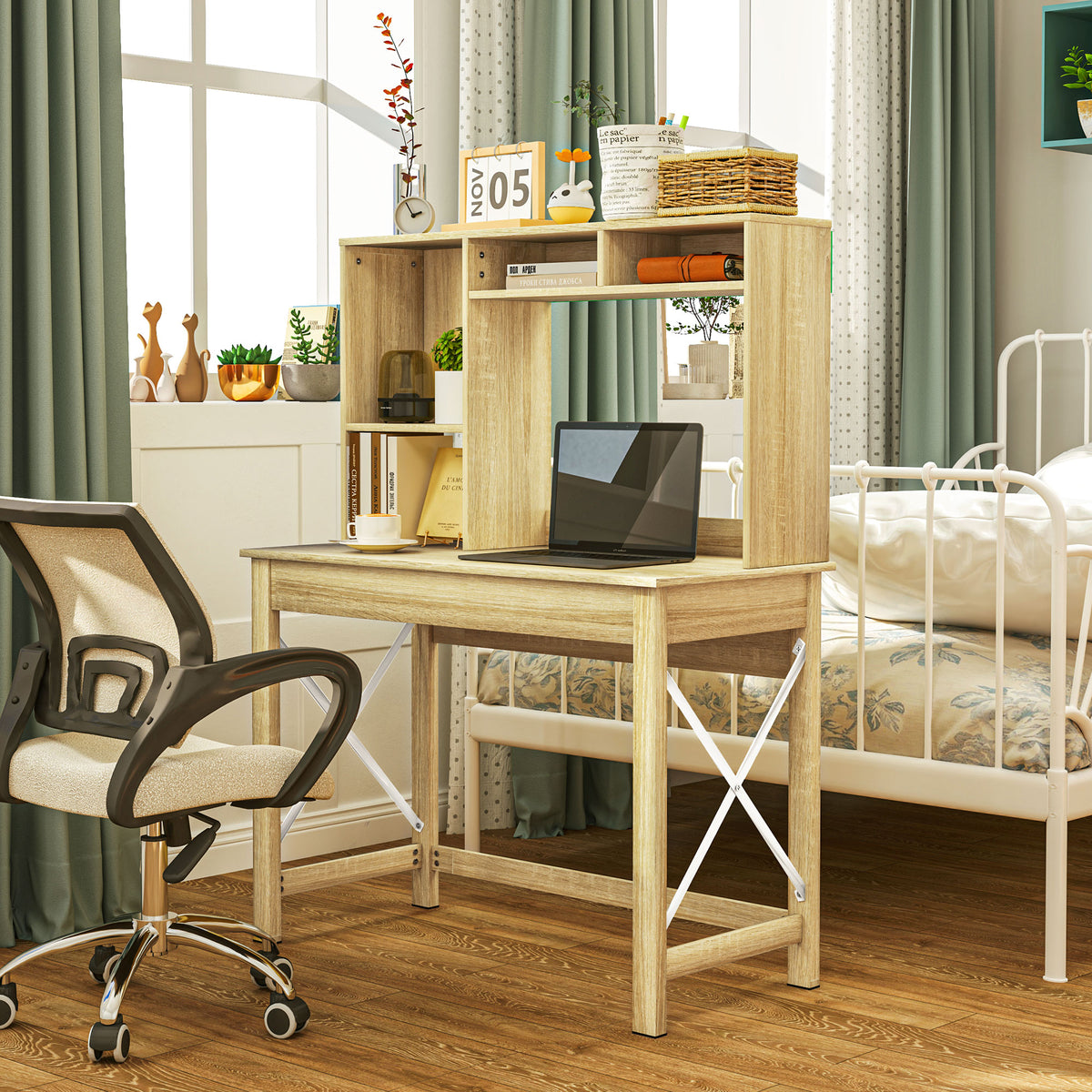 Computer Desk with Hutch and Storage Shelves, Oak