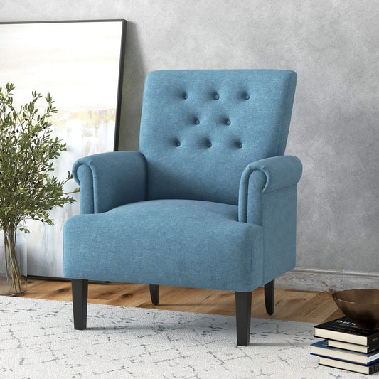Fabric Accent Chair with Wood Legs and Rolled Arms, Blue