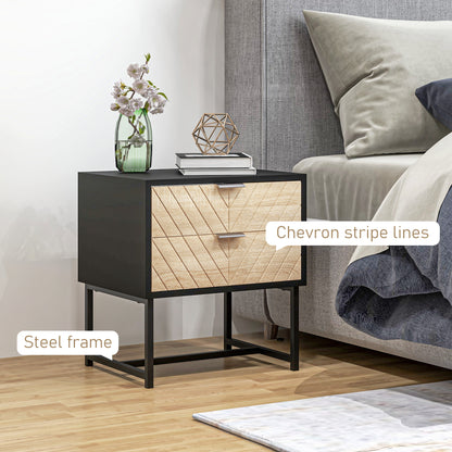 Modern Herringbone Nightstand with Steel Frame, Black and Oak
