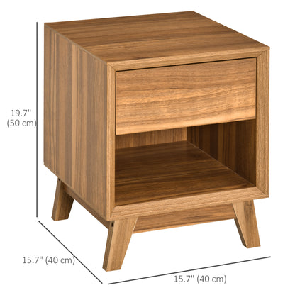 Compact Bedside Table with Drawer and Open Shelf, Walnut Brown