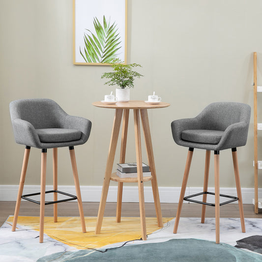 Bar Stools with Linen Fabric and Beech Wood Legs, Gray (Set of 2)