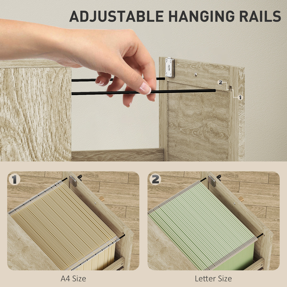 2 Drawer Filing Cabinet with Lock, Boho File Cabinet for A4 Letter Size Files with Decorative Rattan Accents, Oak