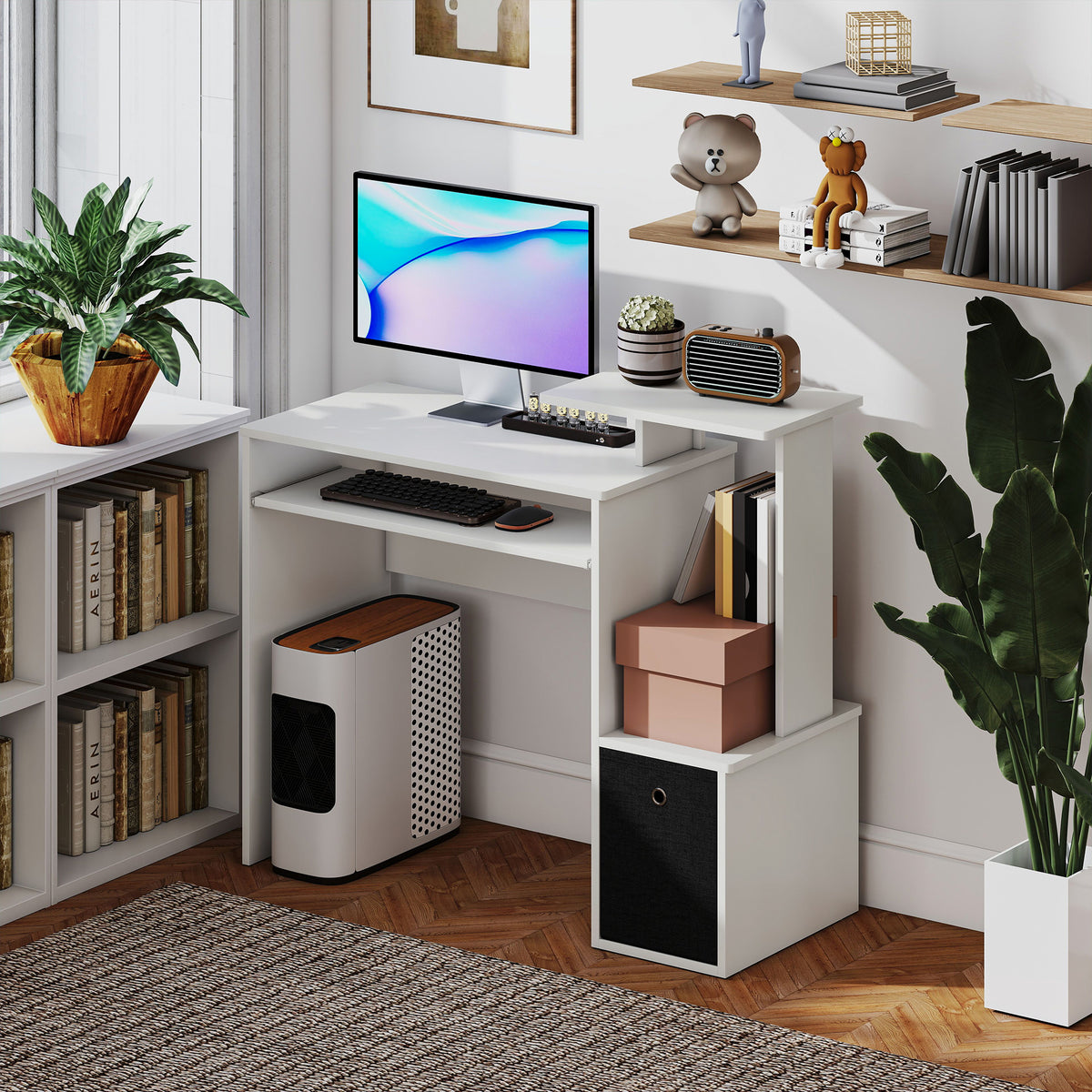39" Computer Desk with Keyboard Tray, Drawer and Shelf, White