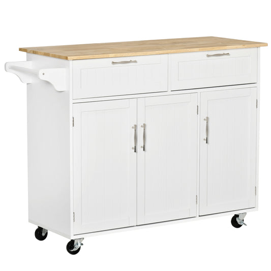 Rolling Kitchen Island Cart with Solid Wood Top and Towel Rack and 3 Cabinets, White