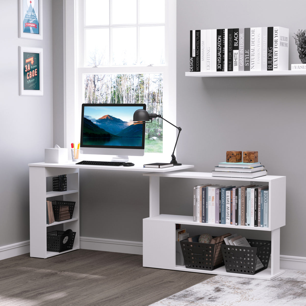 47" Rotating L-Shaped Computer Desk with Storage Shelves, White