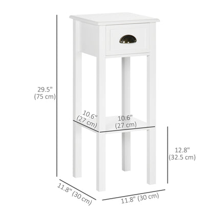 Narrow Tall Side Tables with Drawer and Shelf, White (Set of 2)