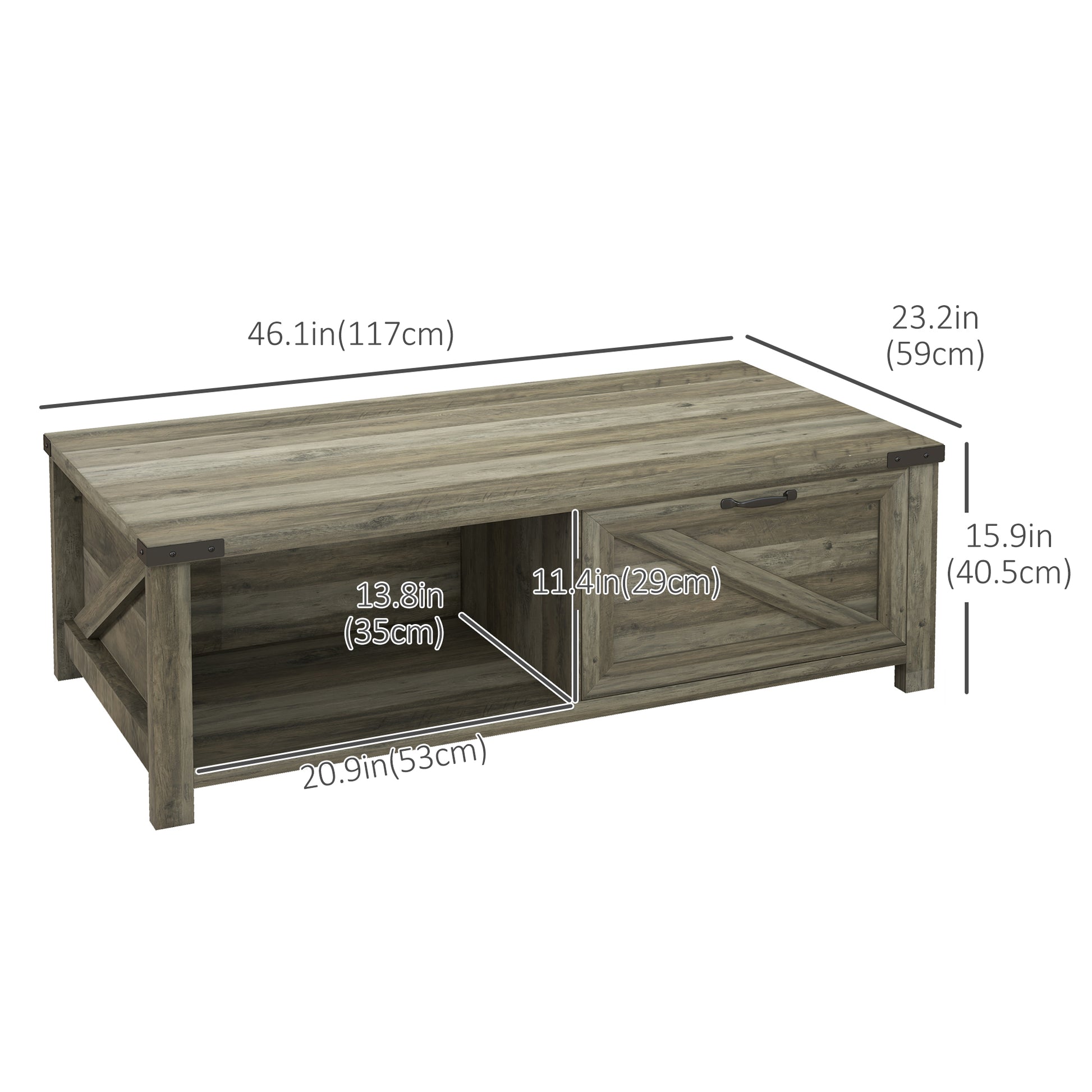 Lift-Top Coffee Table with Hidden Storage and Shelf, Grey