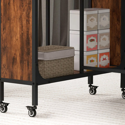 Folding Dining Table with Storage Shelf and 6 Wheels - Rustic Brown