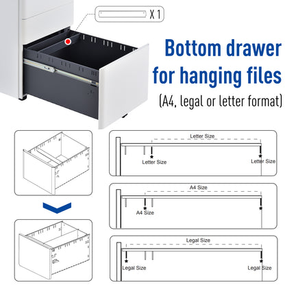 3 Drawers Steel File Cabinet with Lock and 5 Wheels Under Desk Mobile Filing Cabinet for Legal A4 Letter Size Home & Office White 3-Drawer W/Wheels Storage Chest Lockable
