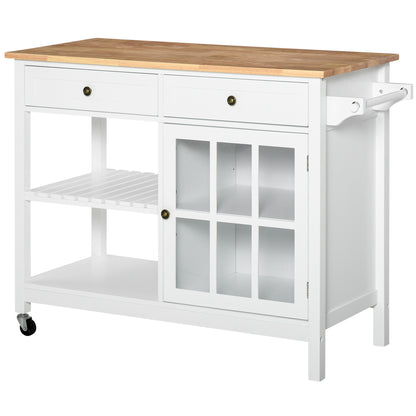 Rolling Kitchen Utility Cart with Rubber Wood Top and Towel Rack and Cabinet, White