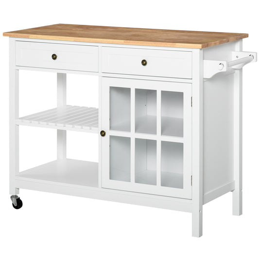 Rolling Kitchen Utility Cart with Rubber Wood Top and Towel Rack and Cabinet, White