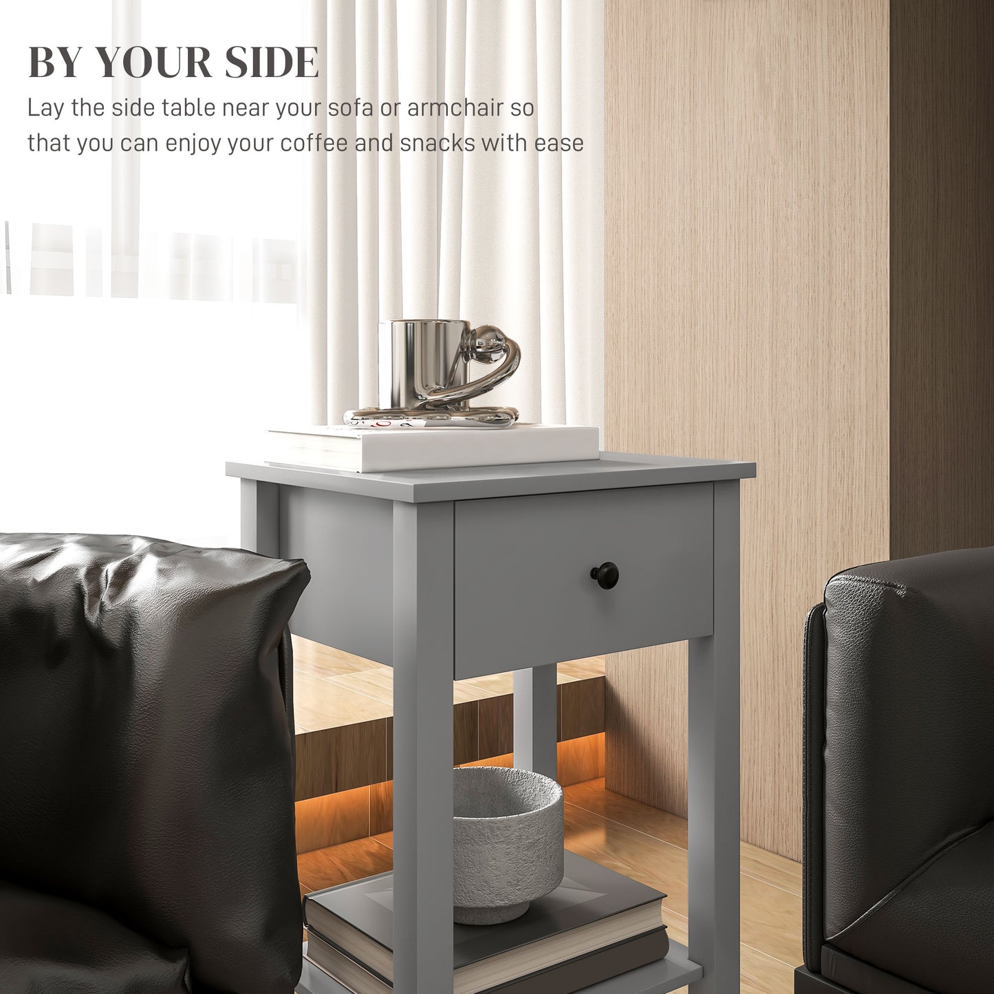 2-Tier Side Tables with Drawer and Shelf, Gray (Set of 2)
