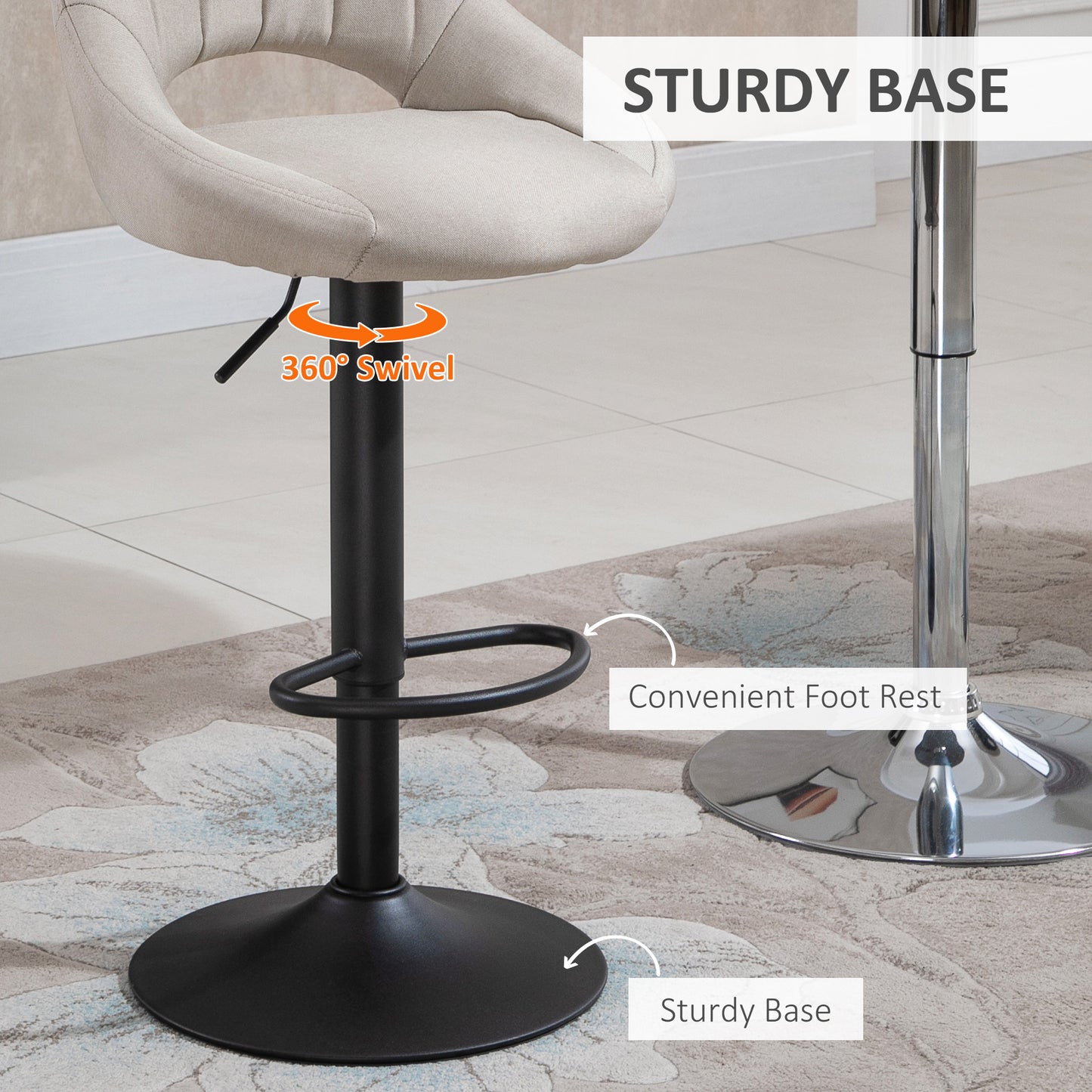Adjustable Height Swivel Bar Stools with Linen Upholstery, Cream (Set of 2)