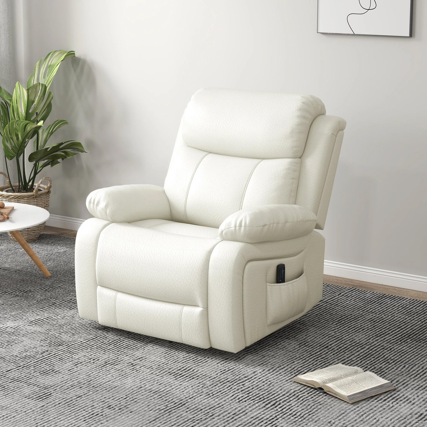 PU Leather Massage Recliner Chair with Swivel Base, Cream White